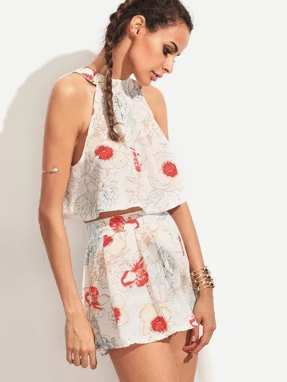 Sweet Floral Halter Top And Pleated Shorts