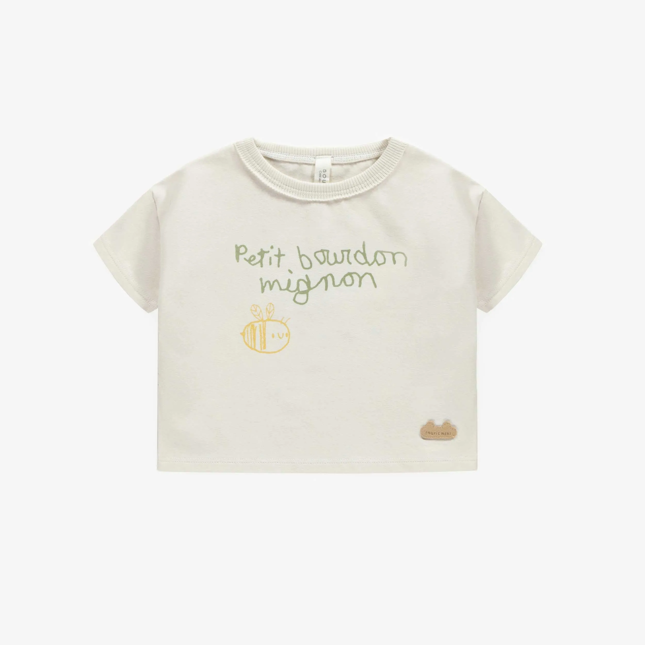 T-shirt crème coupe droite en coton biologique doux, naissance  || Cream t-shirt straight cut in soft organic cotton, newborn