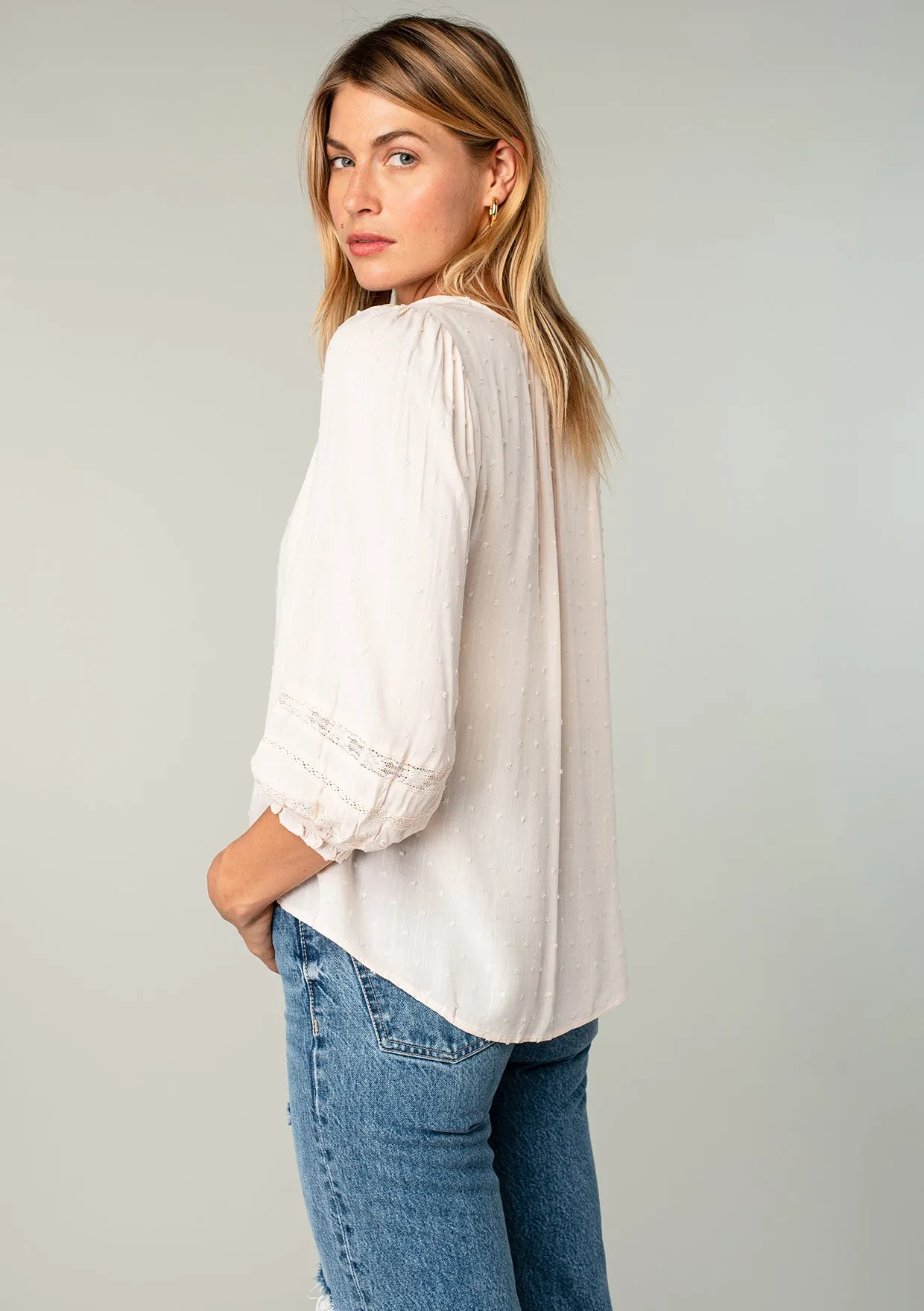 Textured 3/4 Puff Sleeve Peasant Top
