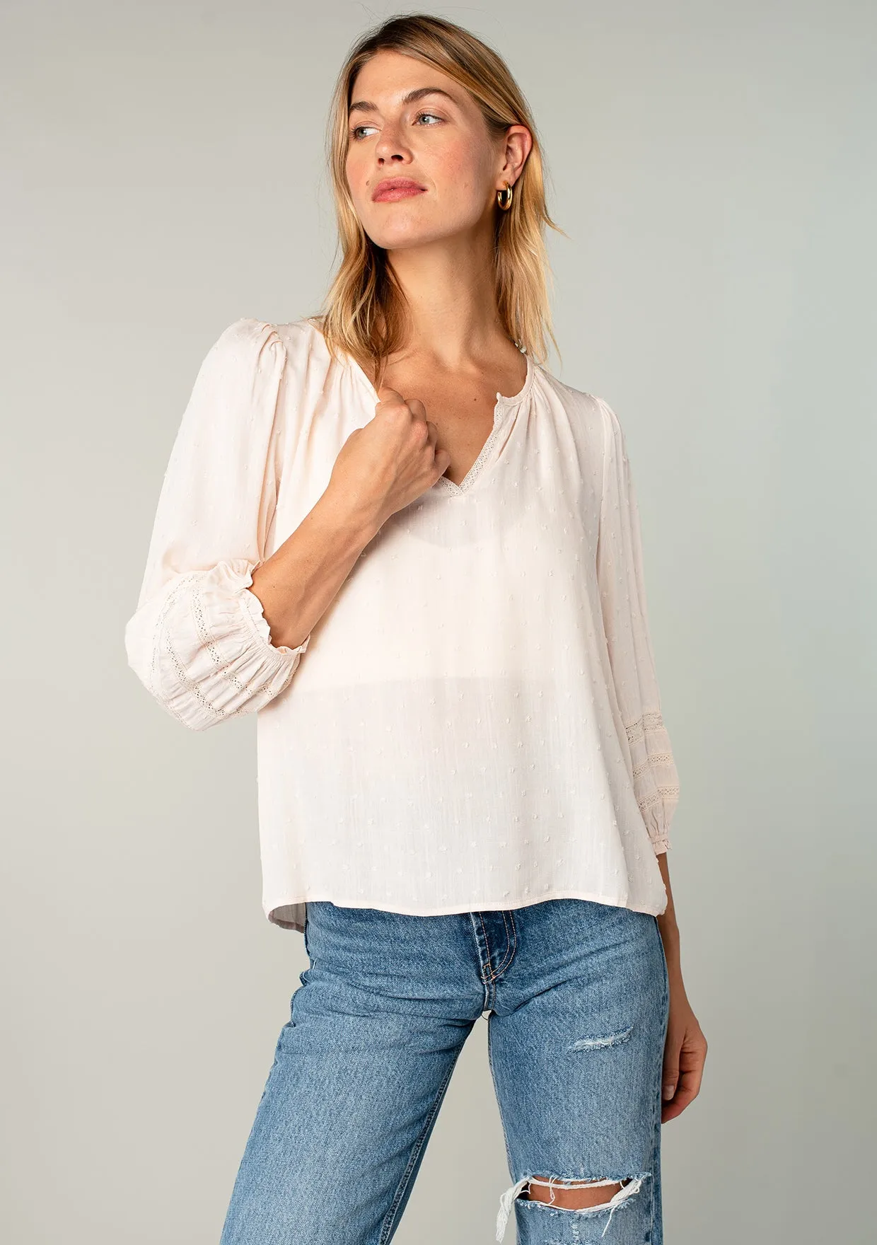 Textured 3/4 Puff Sleeve Peasant Top