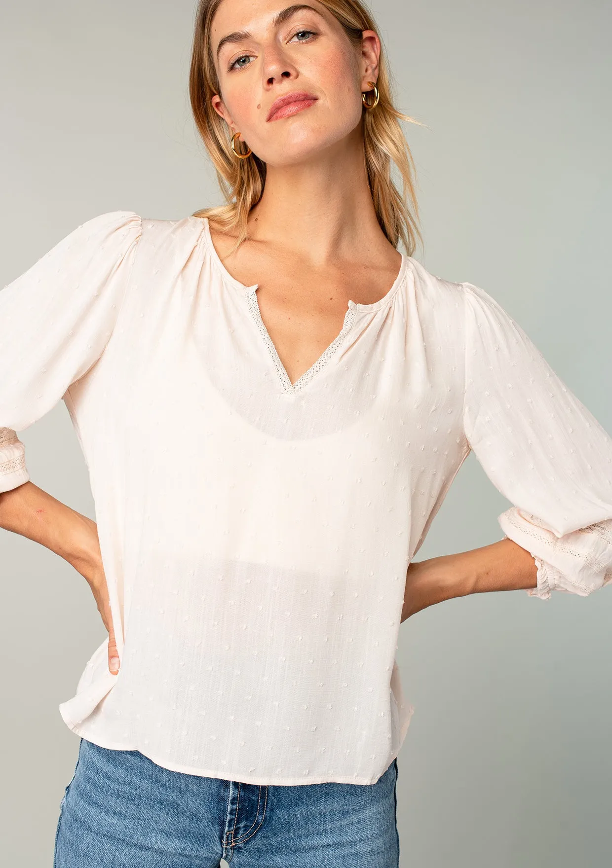 Textured 3/4 Puff Sleeve Peasant Top