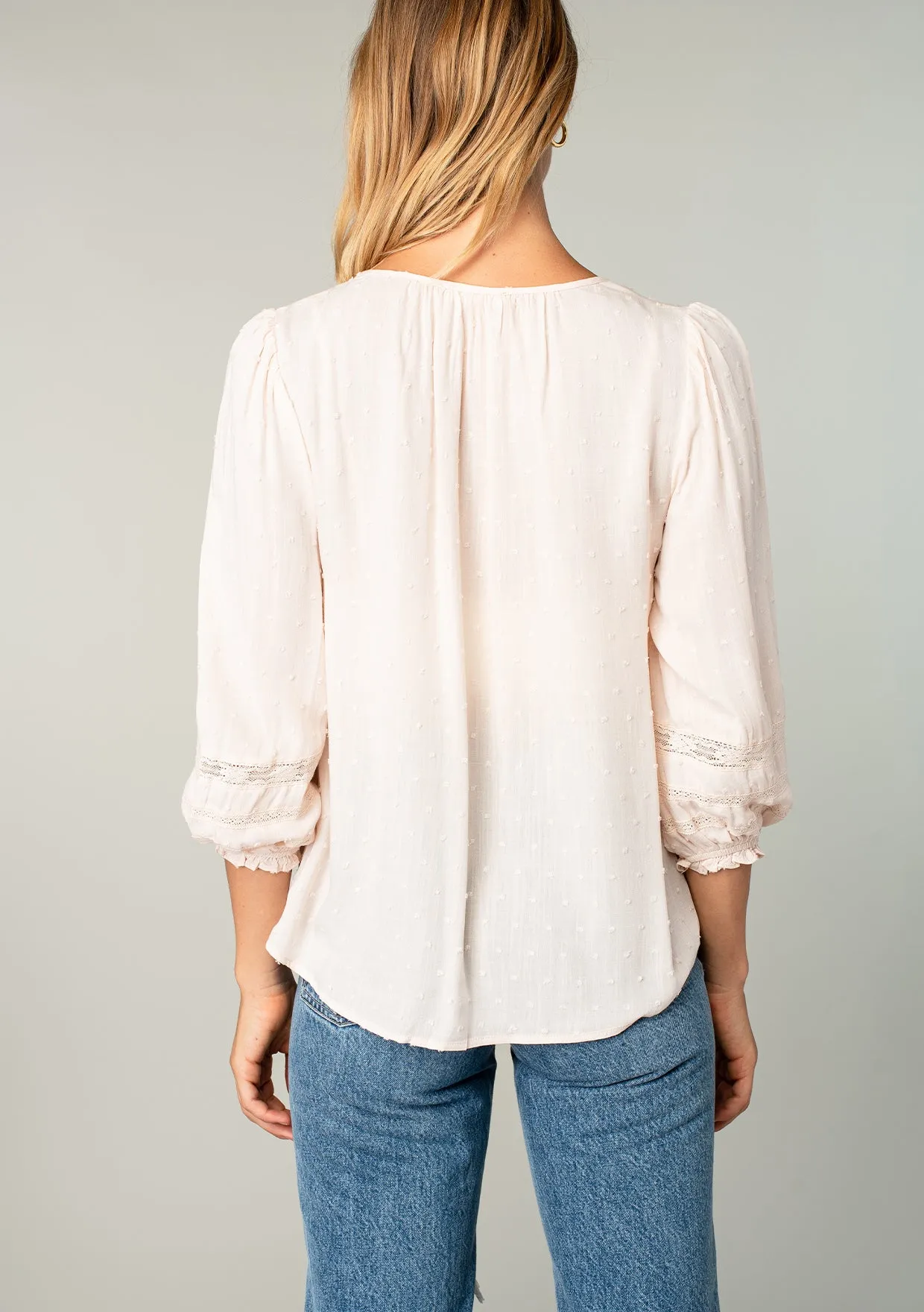 Textured 3/4 Puff Sleeve Peasant Top