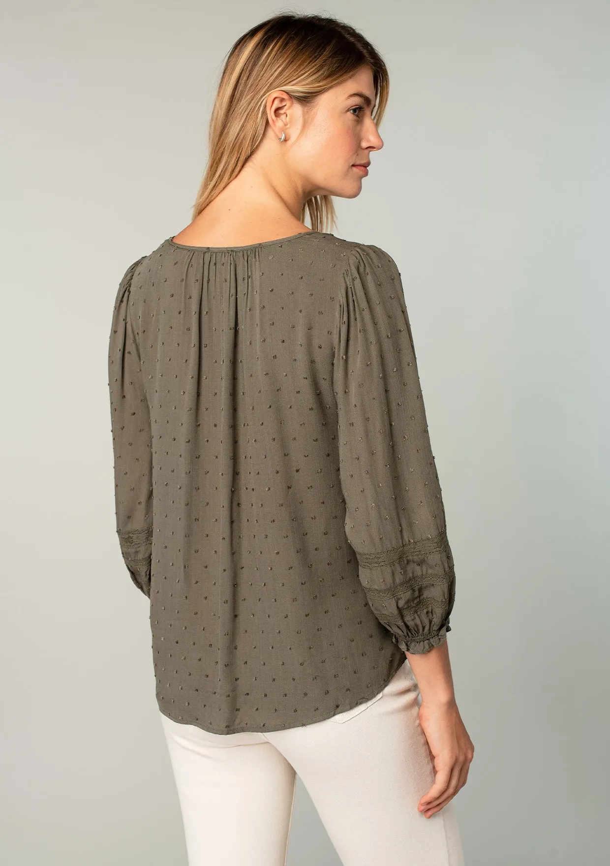 Textured 3/4 Puff Sleeve Peasant Top