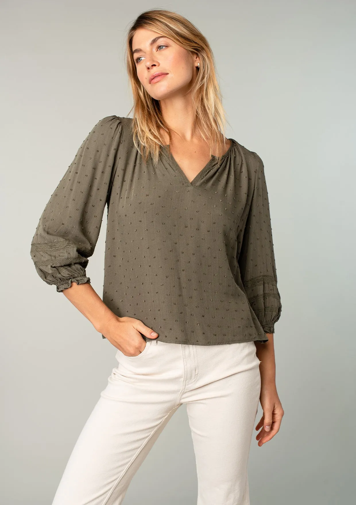 Textured 3/4 Puff Sleeve Peasant Top
