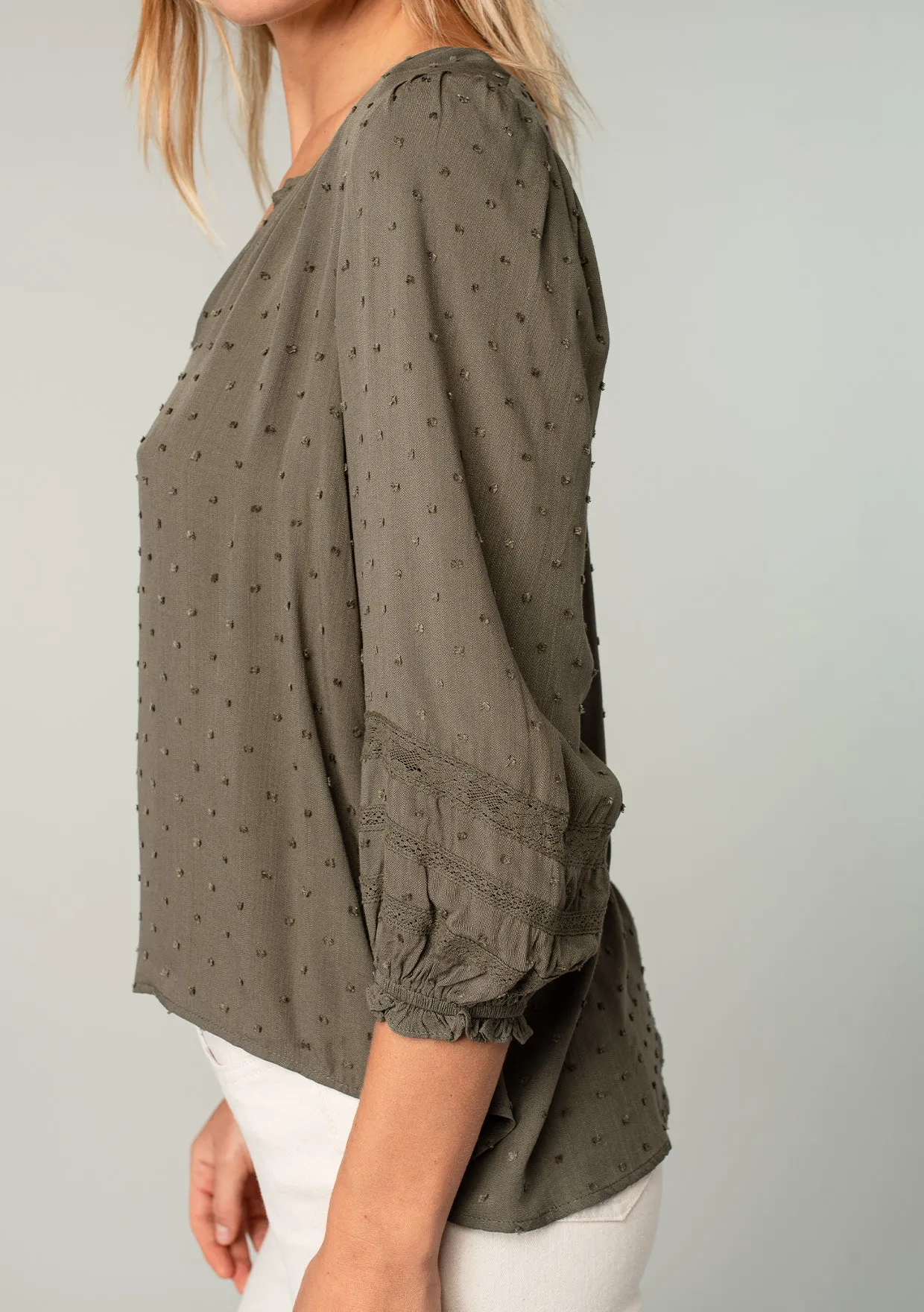 Textured 3/4 Puff Sleeve Peasant Top