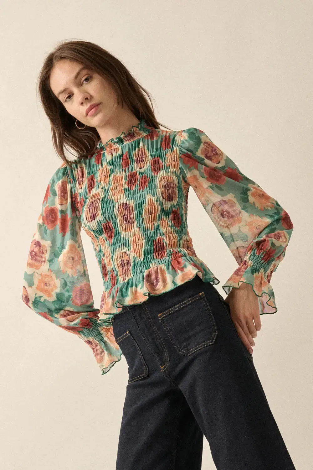 The Rose Mesh Peasant Top
