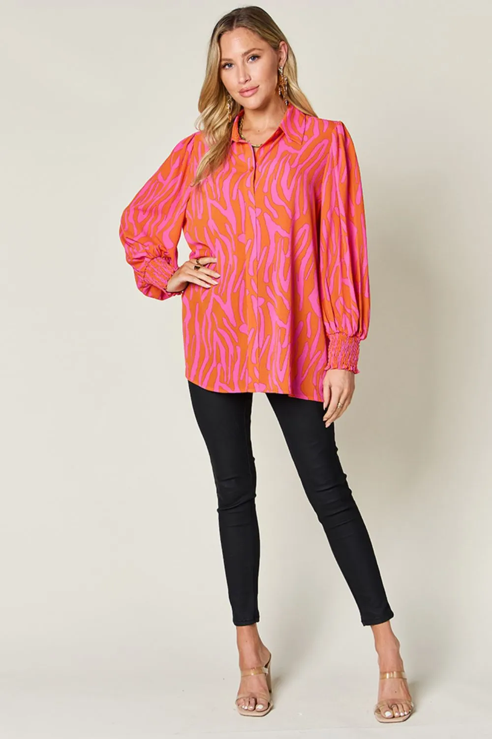 Trisha Double Take Full Size Printed Smocked Long Sleeve Blouse