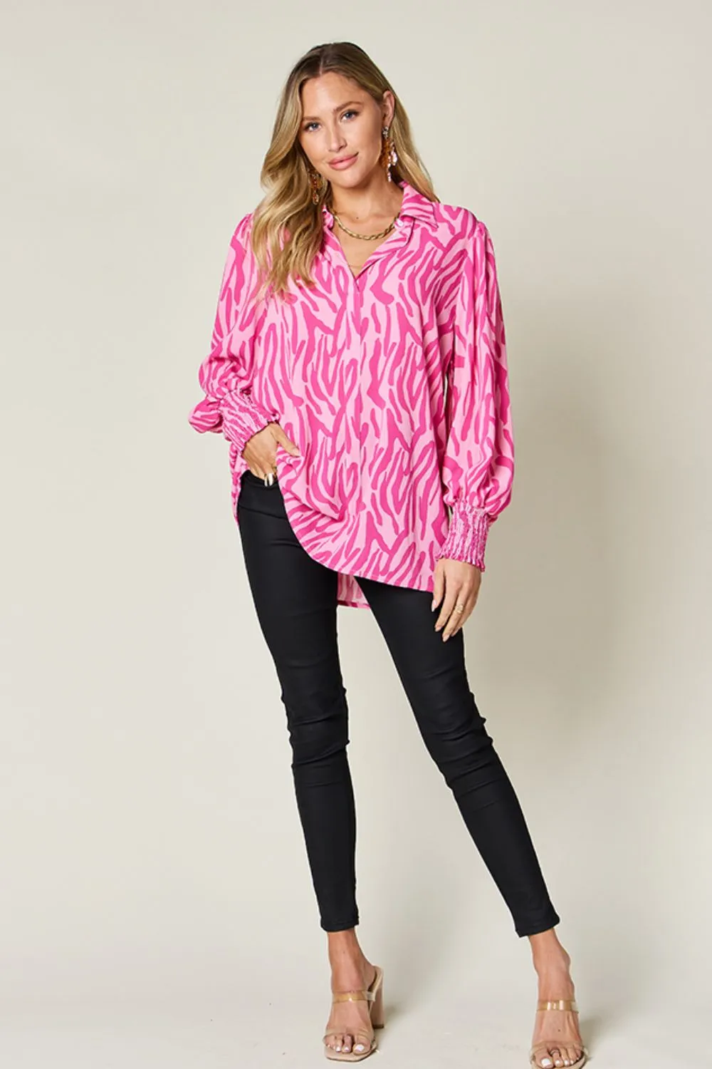 Trisha Double Take Full Size Printed Smocked Long Sleeve Blouse