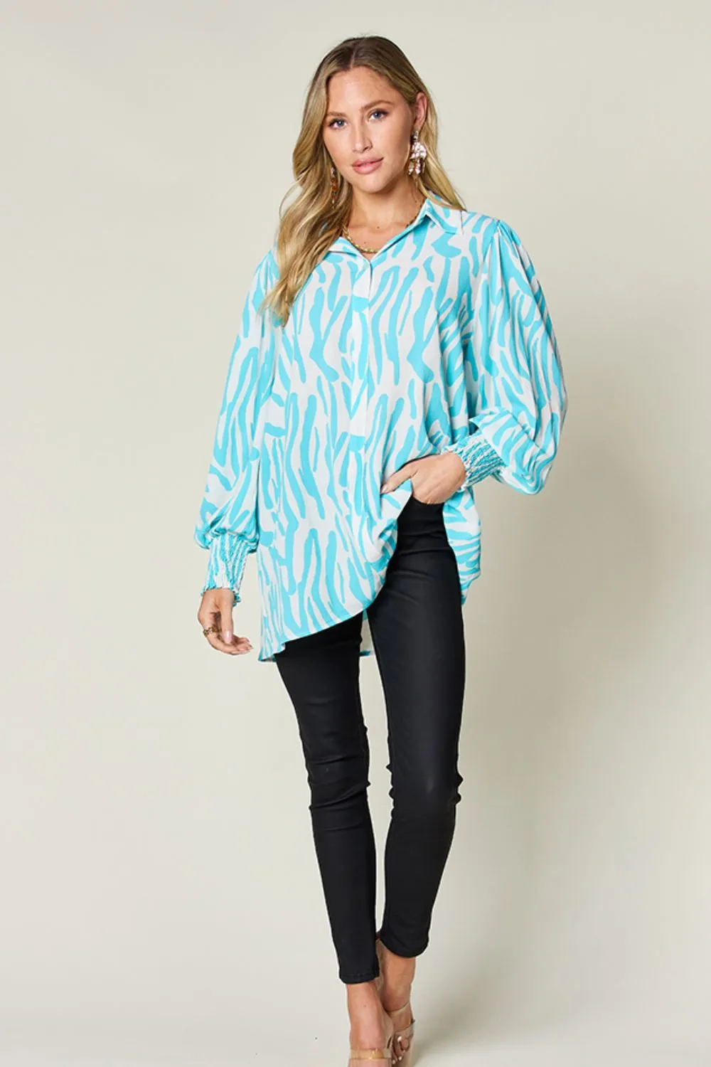 Trisha Double Take Full Size Printed Smocked Long Sleeve Blouse