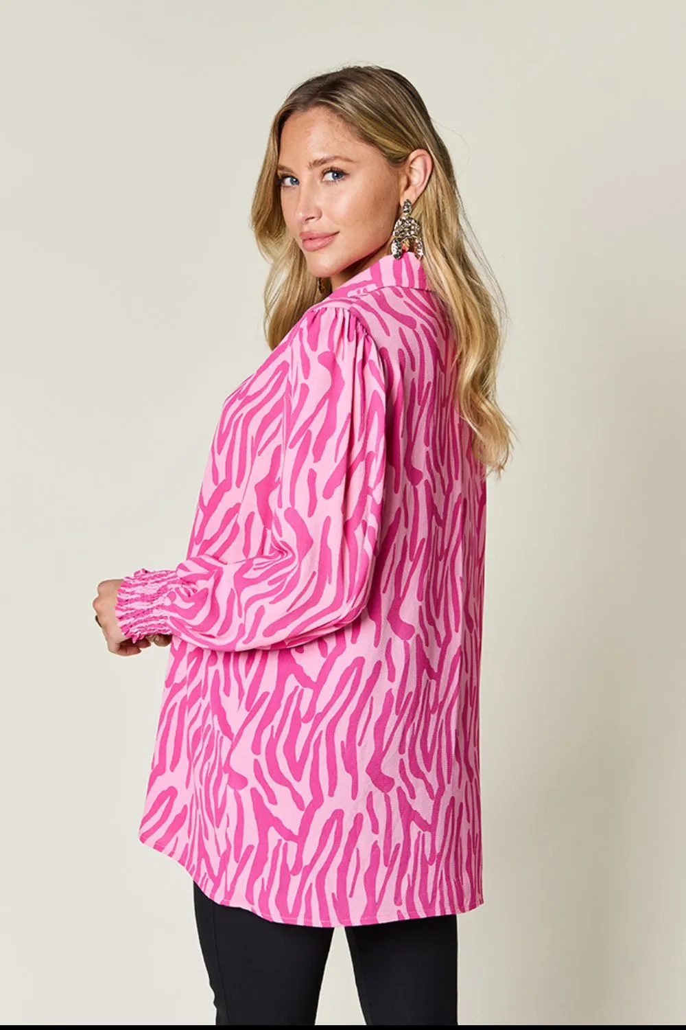 Trisha Double Take Full Size Printed Smocked Long Sleeve Blouse