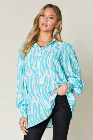 Trisha Double Take Full Size Printed Smocked Long Sleeve Blouse