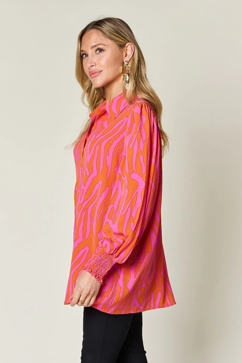 Trisha Double Take Full Size Printed Smocked Long Sleeve Blouse