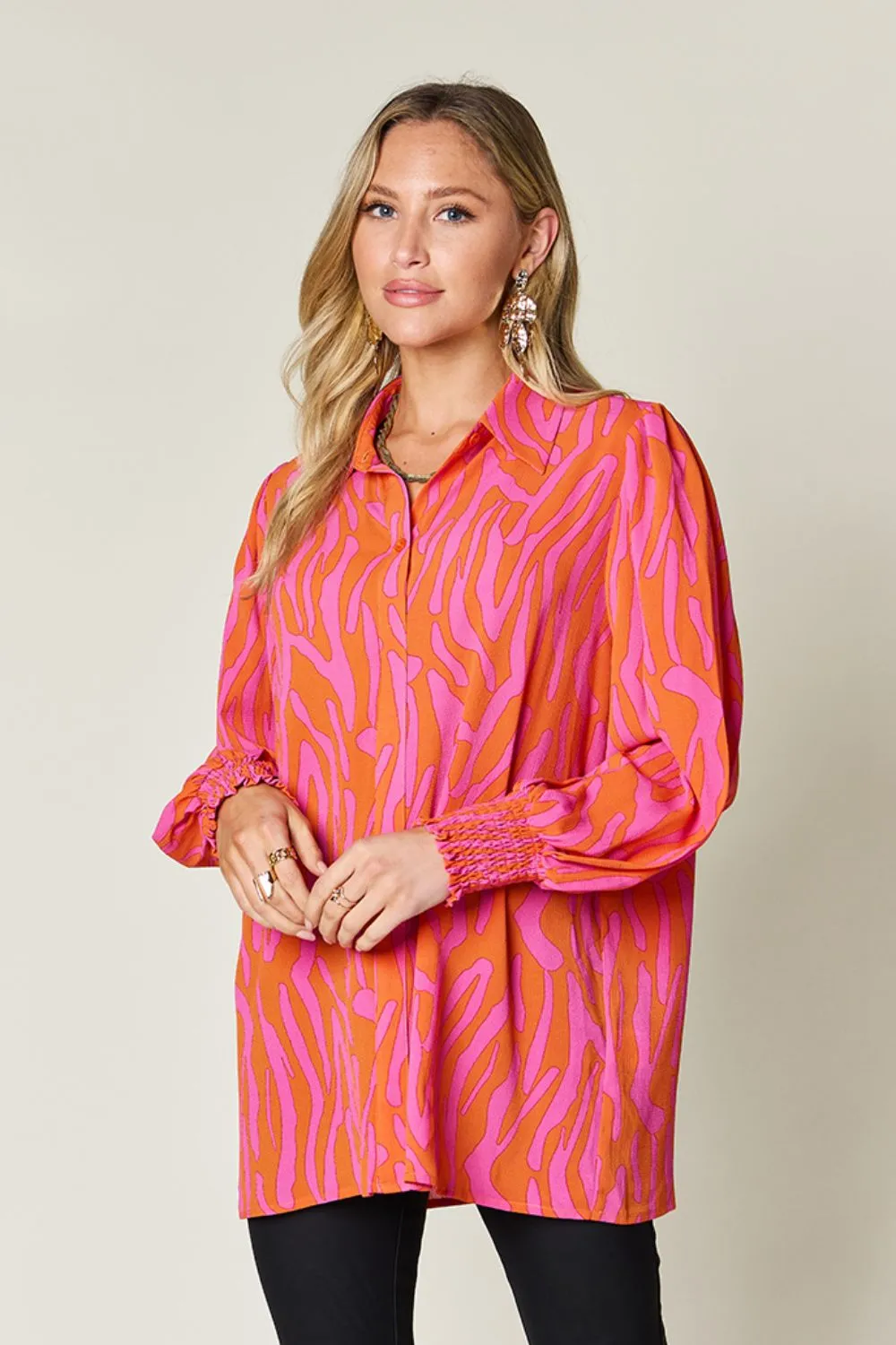 Trisha Double Take Full Size Printed Smocked Long Sleeve Blouse