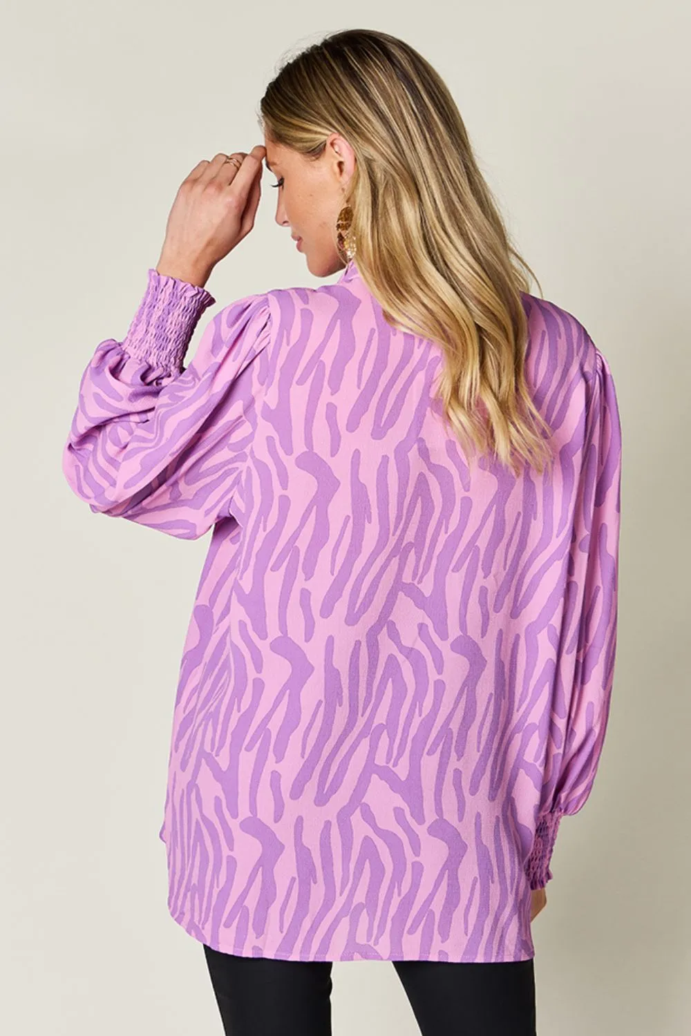 Trisha Double Take Full Size Printed Smocked Long Sleeve Blouse