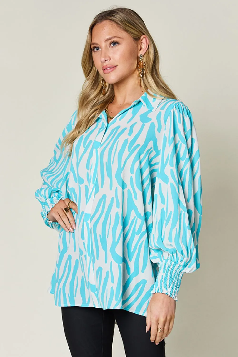 Trisha Double Take Full Size Printed Smocked Long Sleeve Blouse