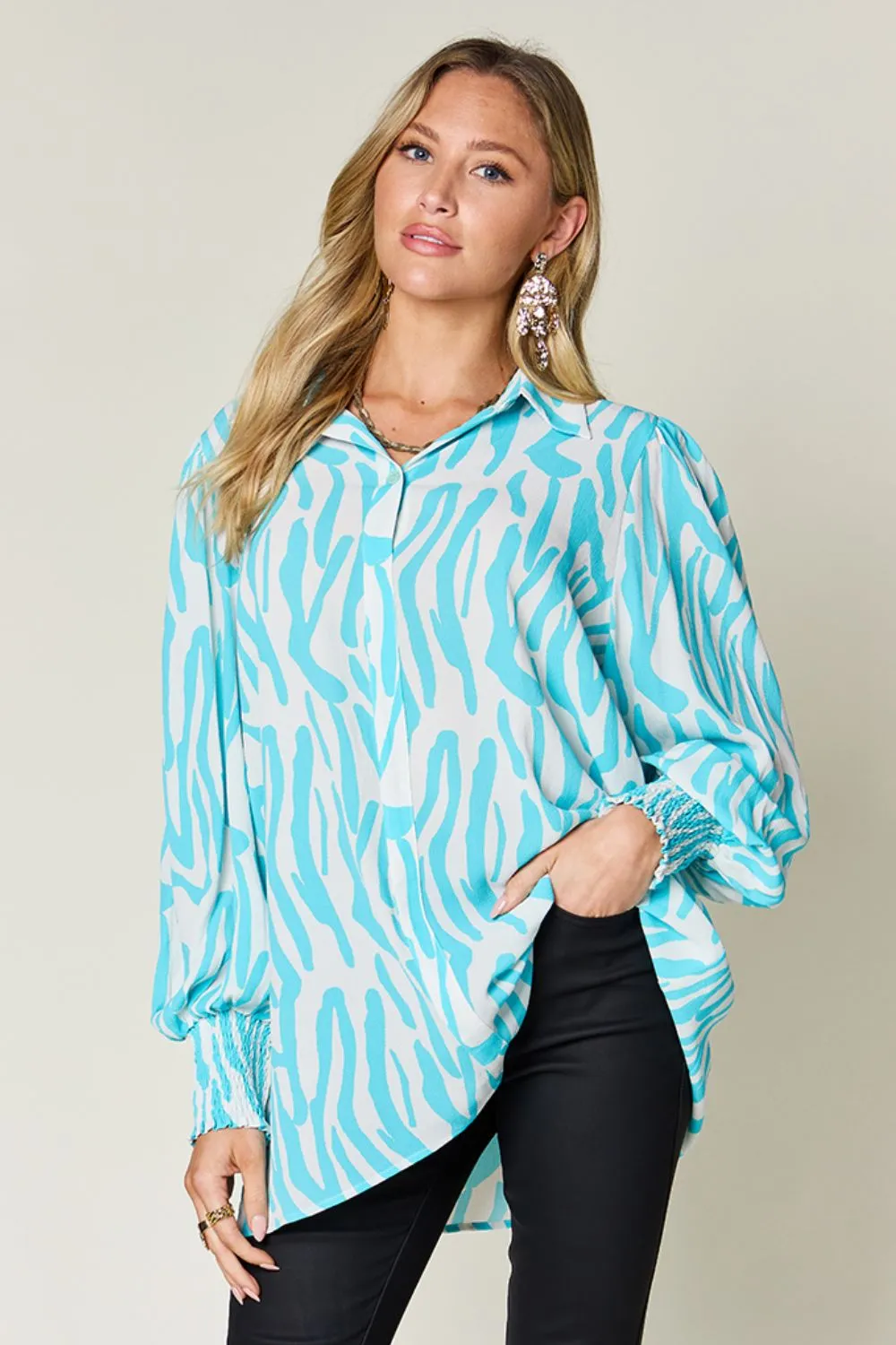 Trisha Double Take Full Size Printed Smocked Long Sleeve Blouse