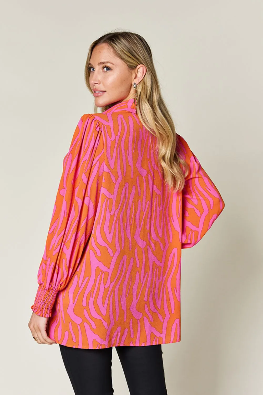 Trisha Double Take Full Size Printed Smocked Long Sleeve Blouse