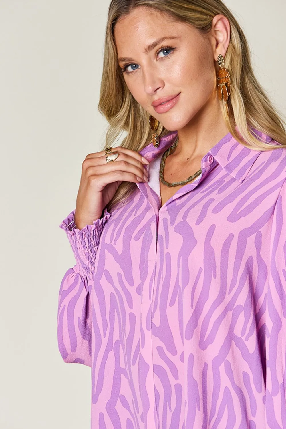 Trisha Double Take Full Size Printed Smocked Long Sleeve Blouse