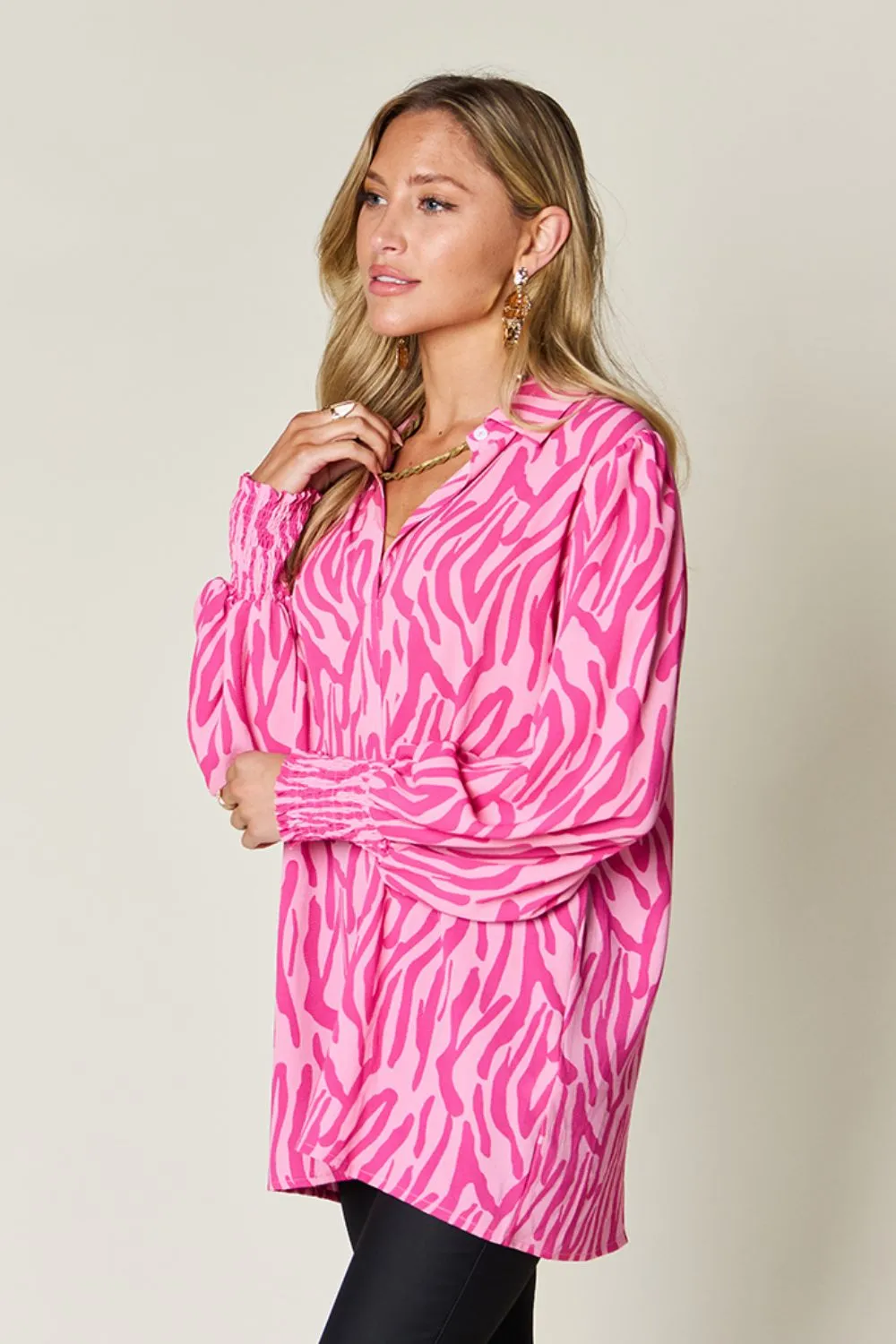 Trisha Double Take Full Size Printed Smocked Long Sleeve Blouse