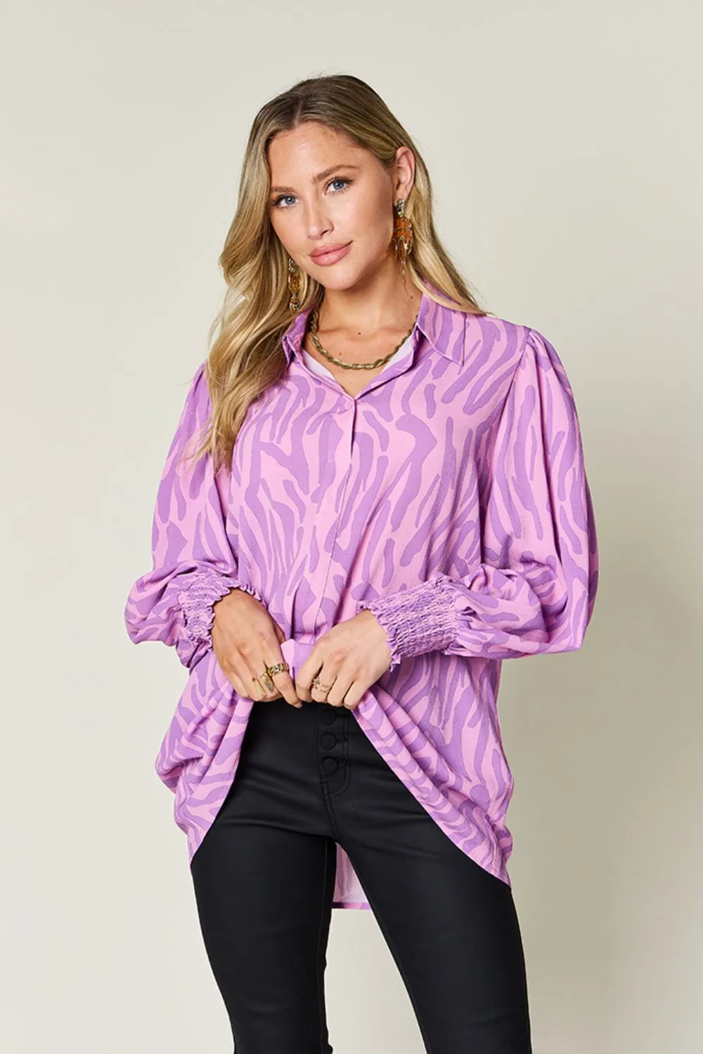 Trisha Double Take Full Size Printed Smocked Long Sleeve Blouse