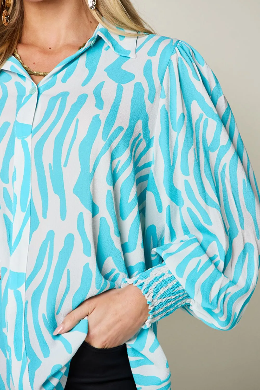 Trisha Double Take Full Size Printed Smocked Long Sleeve Blouse