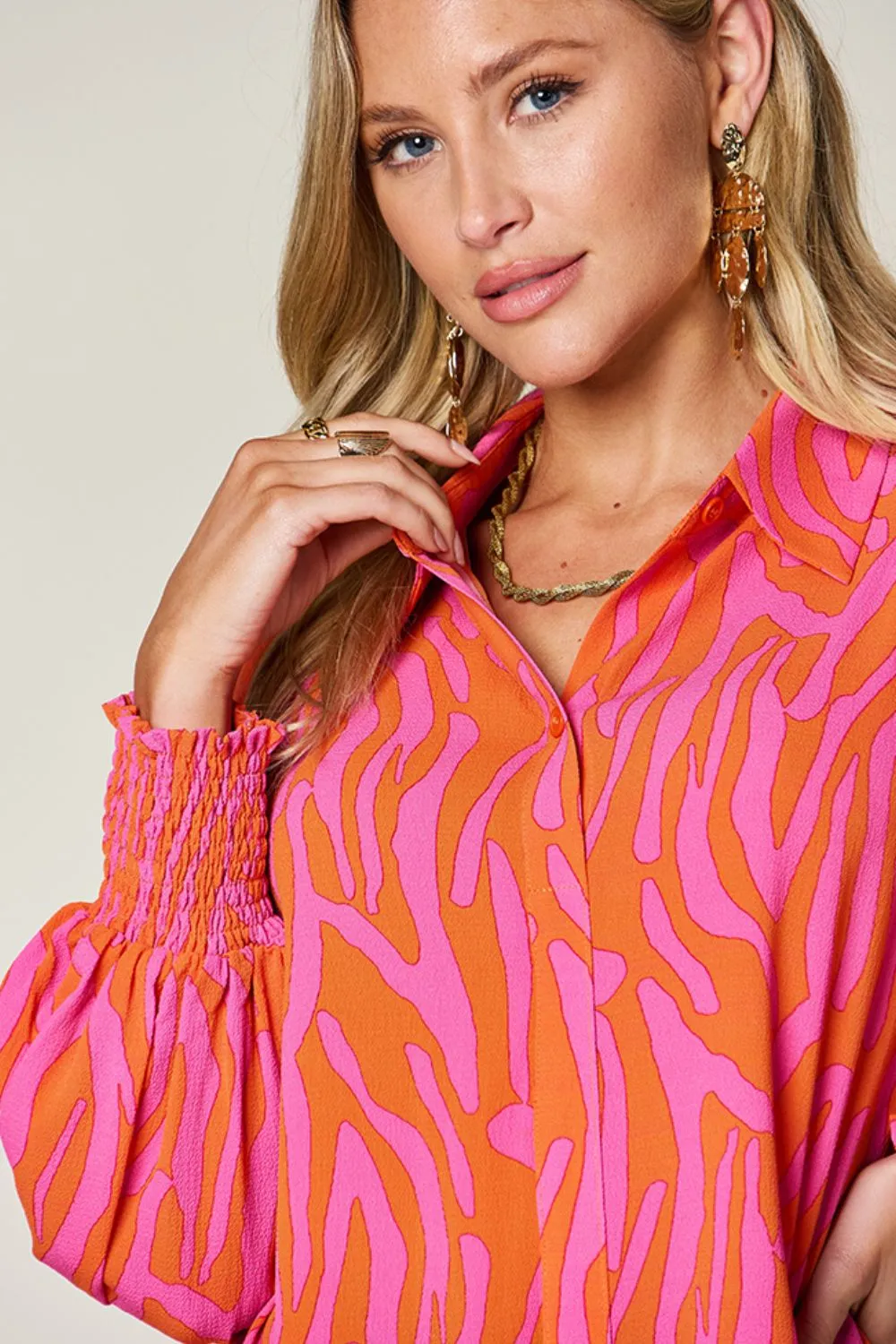 Trisha Double Take Full Size Printed Smocked Long Sleeve Blouse