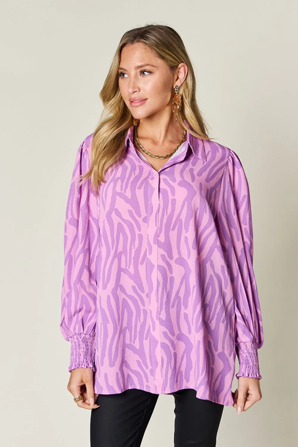 Trisha Double Take Full Size Printed Smocked Long Sleeve Blouse