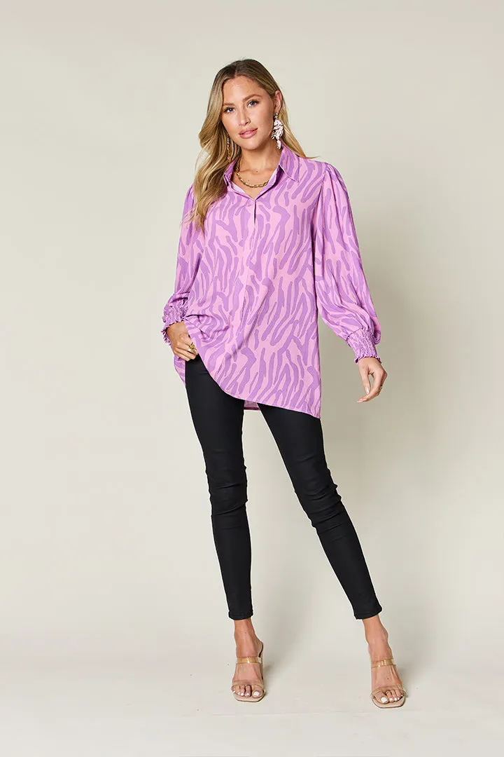 Trisha Double Take Full Size Printed Smocked Long Sleeve Blouse