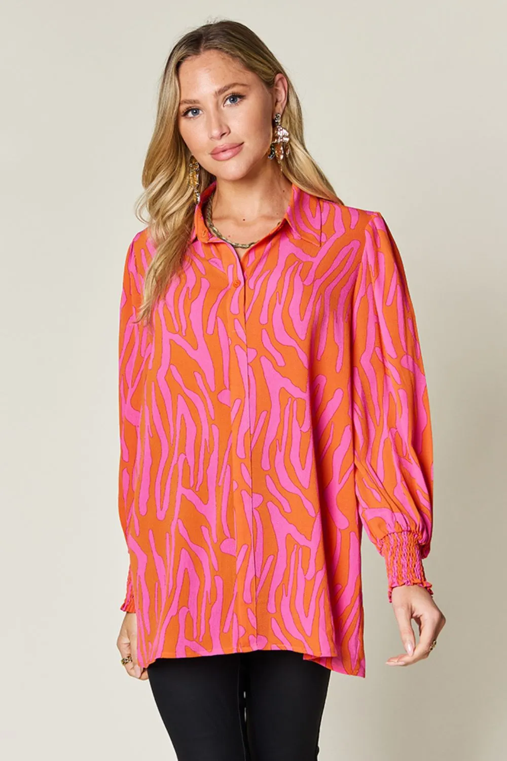 Trisha Double Take Full Size Printed Smocked Long Sleeve Blouse