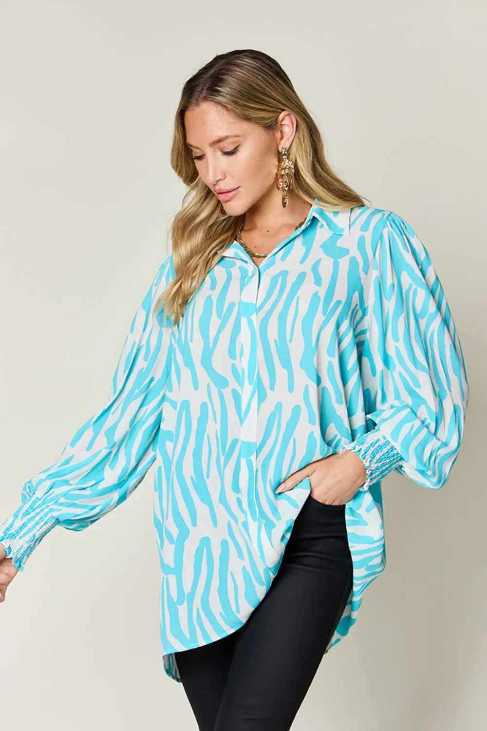 Trisha Double Take Full Size Printed Smocked Long Sleeve Blouse