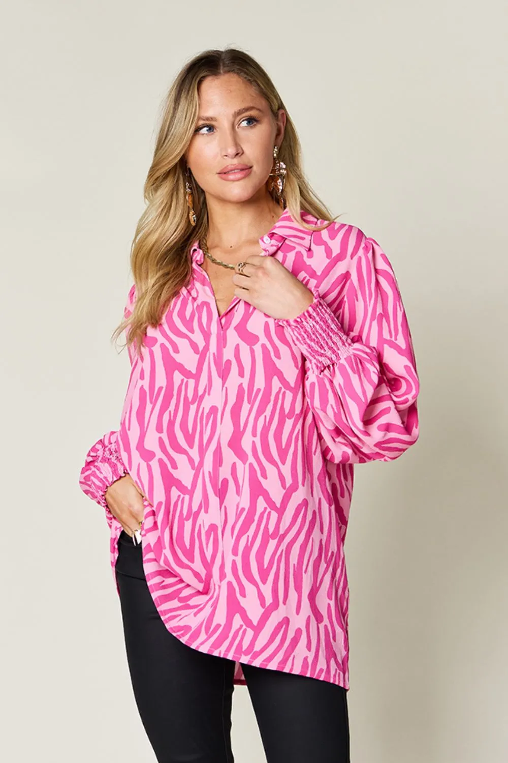 Trisha Double Take Full Size Printed Smocked Long Sleeve Blouse