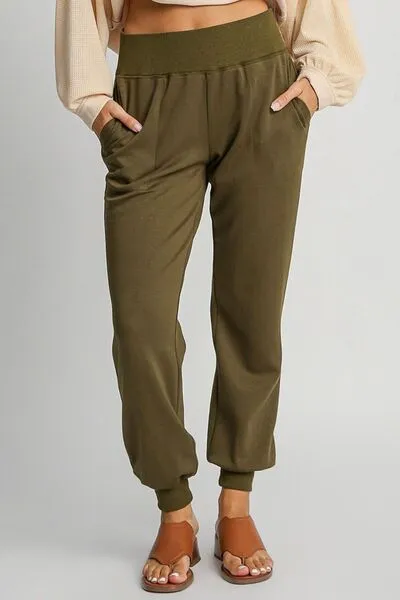 Umgee Full Size High Rise Elastic Waist Knit Joggers with Pockets Plus Size