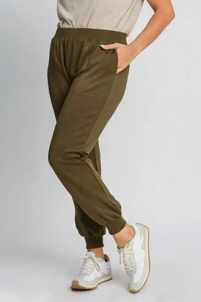 Umgee Full Size High Rise Elastic Waist Knit Joggers with Pockets Plus Size