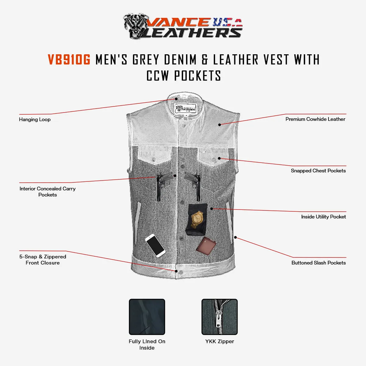 VB910G Vance Leathers Men's Grey Denim & Leather Motorcycle Vest with CCW Pockets
