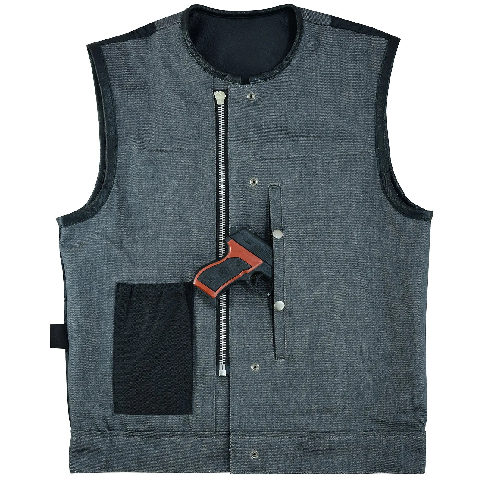 VB910G Vance Leathers Men's Grey Denim & Leather Motorcycle Vest with CCW Pockets