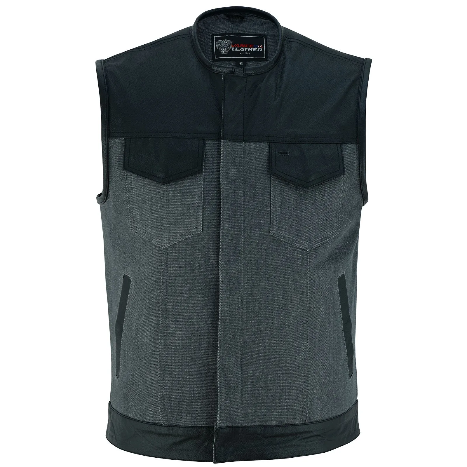 VB910G Vance Leathers Men's Grey Denim & Leather Motorcycle Vest with CCW Pockets