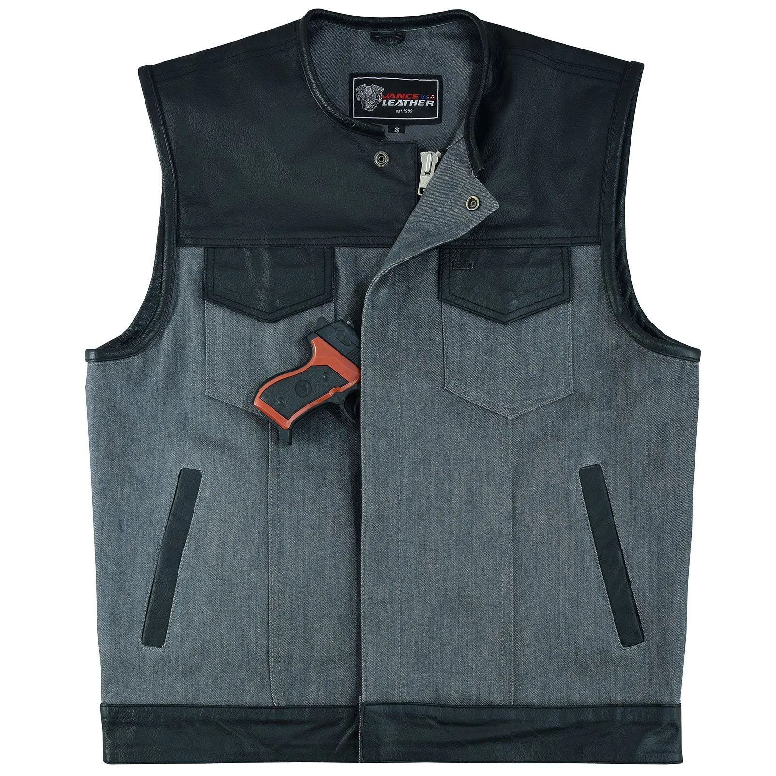 VB910G Vance Leathers Men's Grey Denim & Leather Motorcycle Vest with CCW Pockets