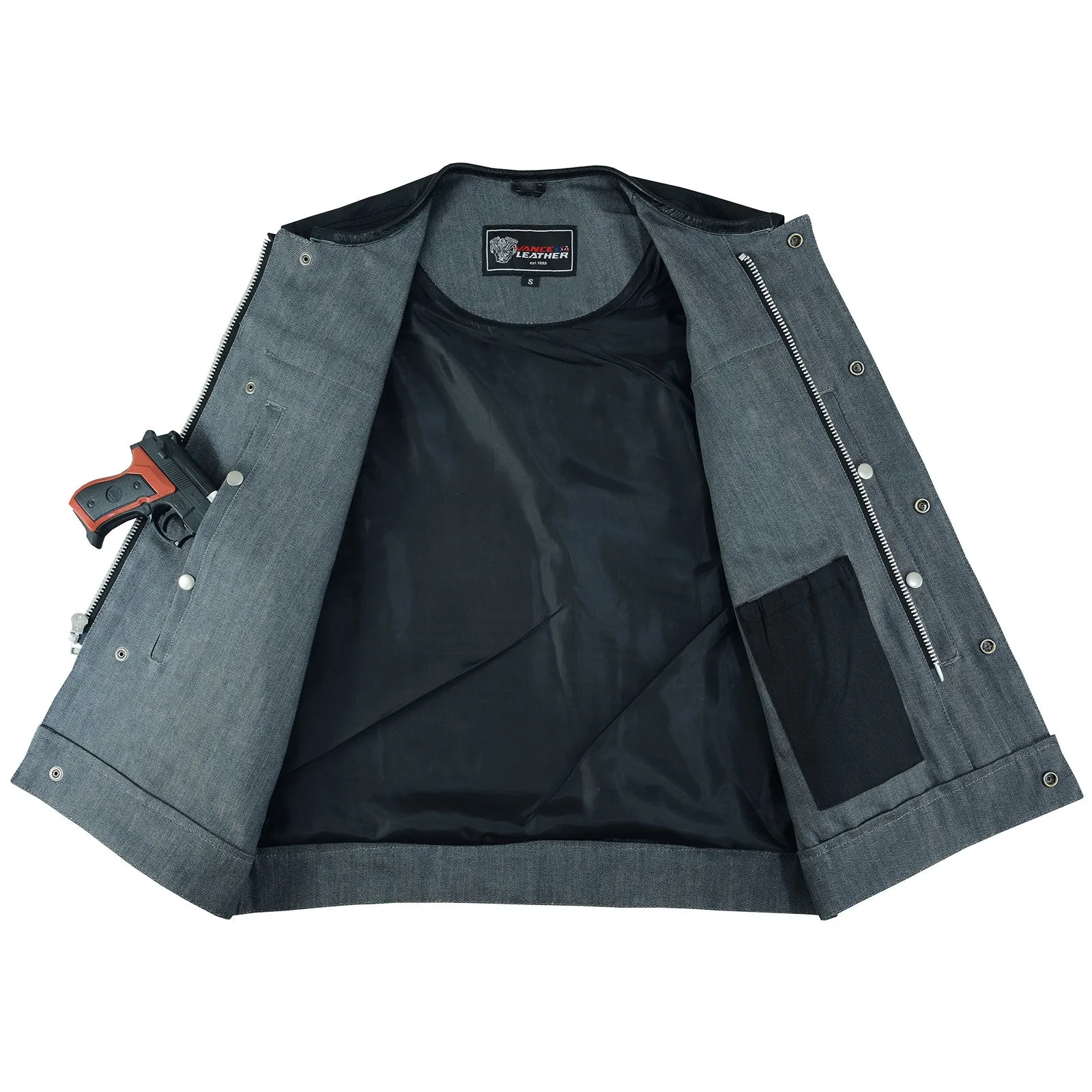 VB910G Vance Leathers Men's Grey Denim & Leather Motorcycle Vest with CCW Pockets