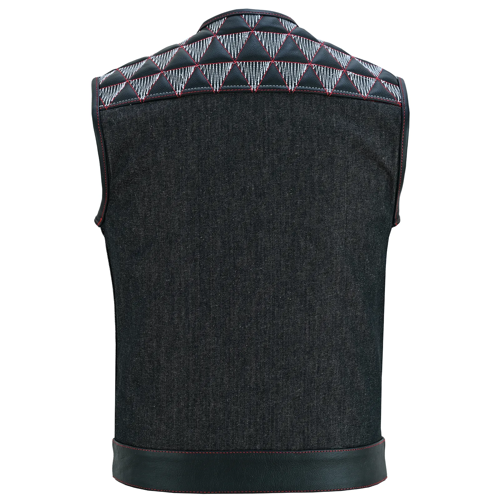 VB927RW Men's Denim & Leather Motorcycle Vest with Conceal Carry Pockets, SOA Biker Club Vest Red & White Stitching