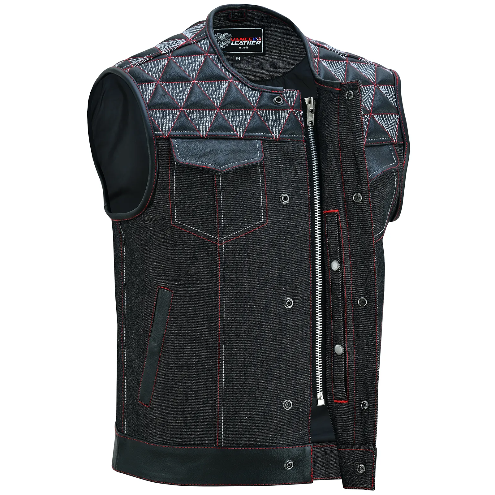 VB927RW Men's Denim & Leather Motorcycle Vest with Conceal Carry Pockets, SOA Biker Club Vest Red & White Stitching