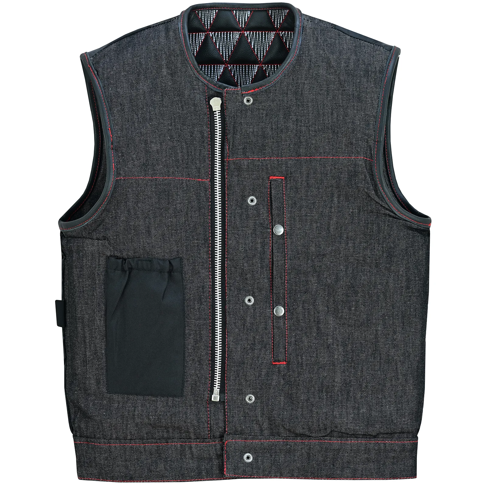 VB927RW Men's Denim & Leather Motorcycle Vest with Conceal Carry Pockets, SOA Biker Club Vest Red & White Stitching