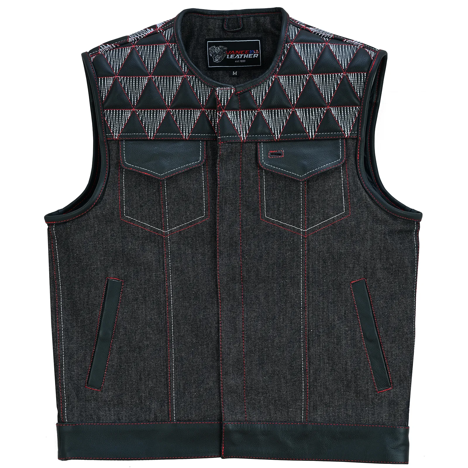 VB927RW Men's Denim & Leather Motorcycle Vest with Conceal Carry Pockets, SOA Biker Club Vest Red & White Stitching