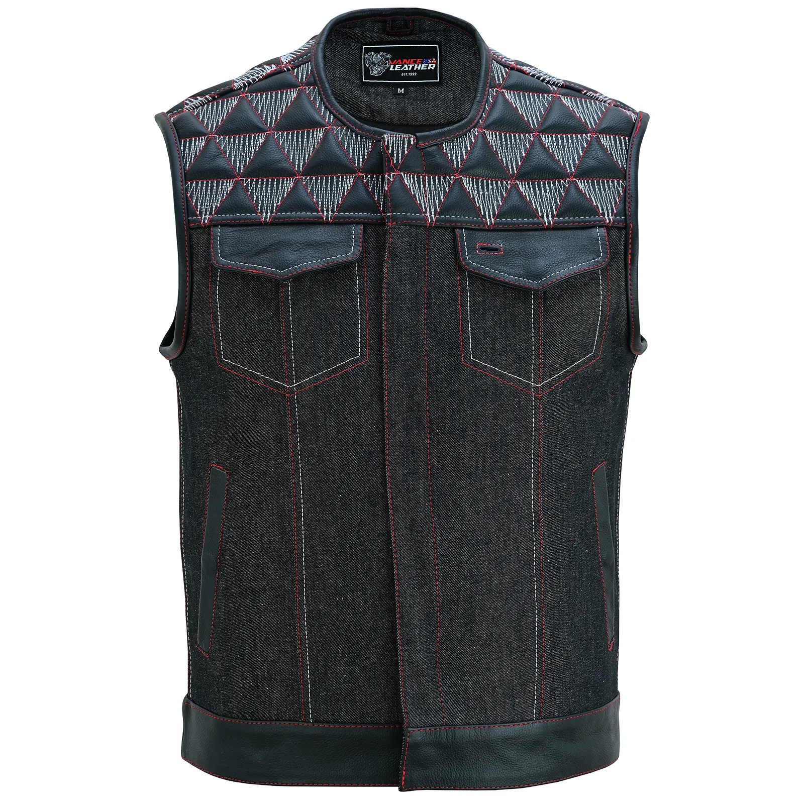 VB927RW Men's Denim & Leather Motorcycle Vest with Conceal Carry Pockets, SOA Biker Club Vest Red & White Stitching