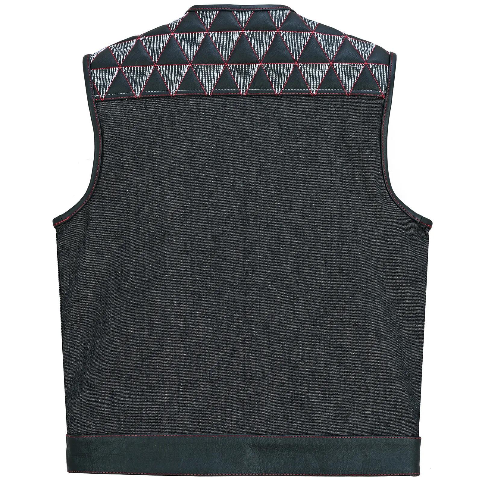VB927RW Men's Denim & Leather Motorcycle Vest with Conceal Carry Pockets, SOA Biker Club Vest Red & White Stitching