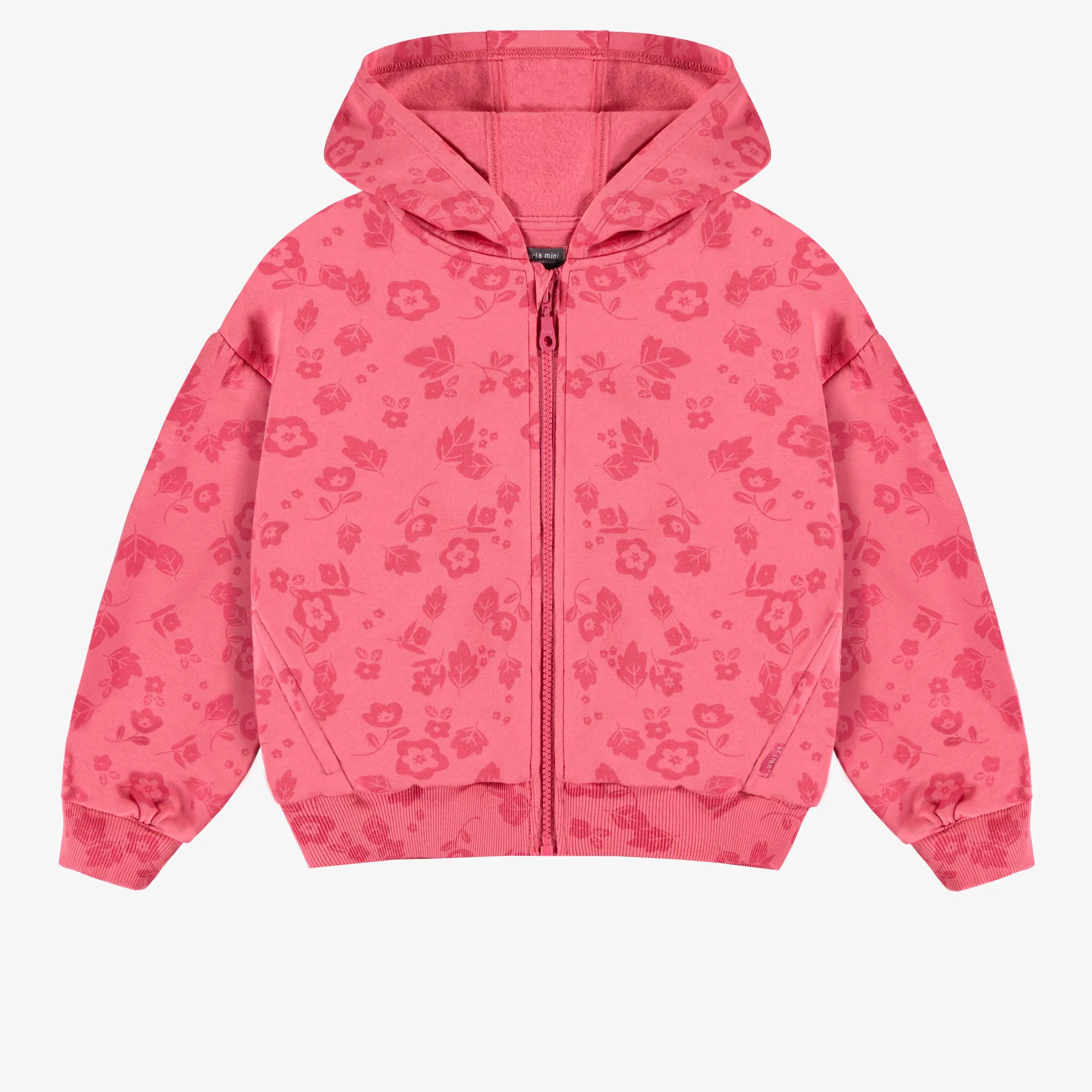 Veste rose à capuchon avec fleurs en coton ouaté brossé, enfant || Pink hooded vest with flowers in brushed cotton fleece, child