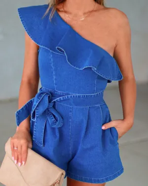 Vincent One Shoulder Pocketed Denim Romper - Blue