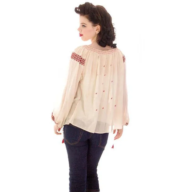 Vintage Gauze Peasant Blouse 1920s Red Embroidery S-L Size