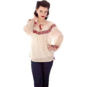 Vintage Gauze Peasant Blouse 1920s Red Embroidery S-L Size