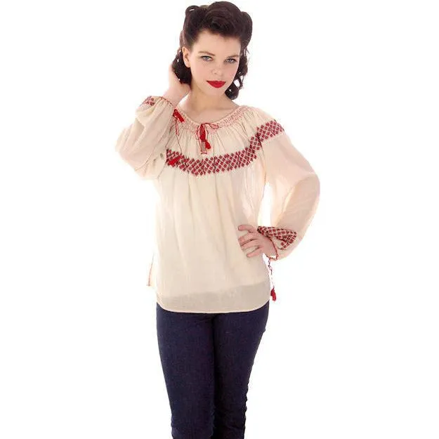 Vintage Gauze Peasant Blouse 1920s Red Embroidery S-L Size