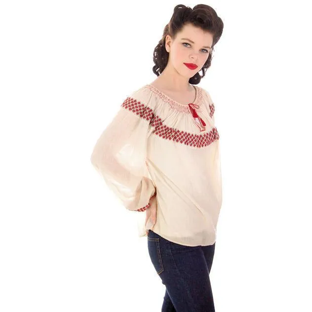 Vintage Gauze Peasant Blouse 1920s Red Embroidery S-L Size